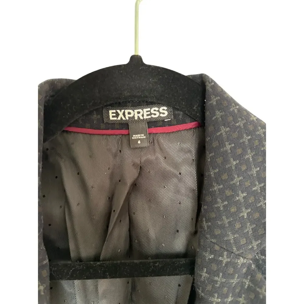 Express Black Brown Geometric Pattern Blazer Double Button Pockets Size 4 Preppy